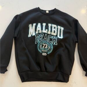 SHEIN Black Malibu Beach Graphic Crewneck Sweatshirt with Teal Accents